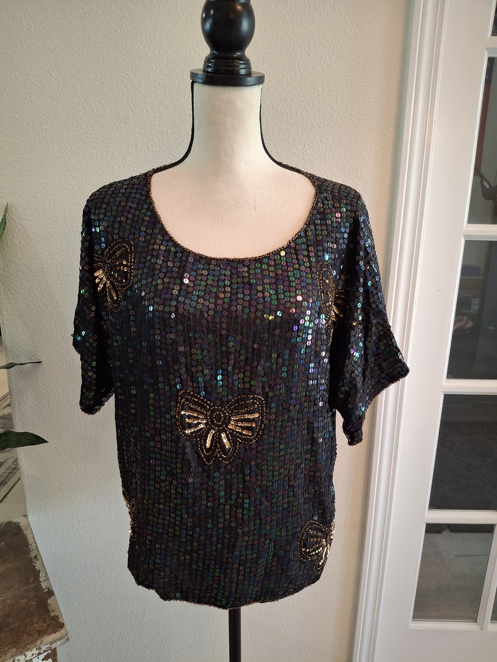 Vintage Silk 70s Black Sequin Short Sleeve Top with Gold Butterfly Accents